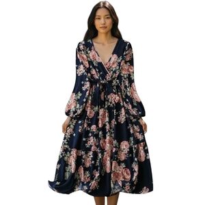 Navy Dress with Pink Roses